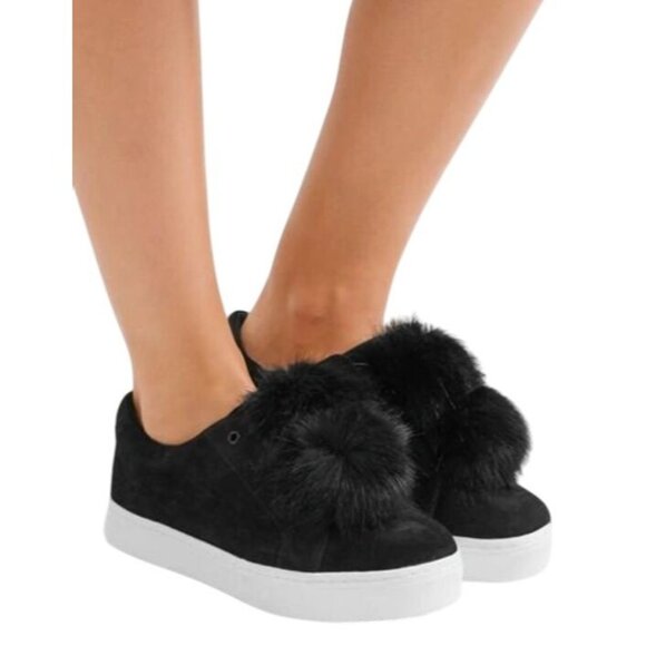 Sam Edelman Shoes - Sam Edelman Women's Black Leya Pom-Pom Faux Fur-Embellished Velvet Sneaker 7.5M